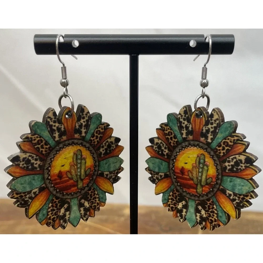 Western Cactus Sunflower Wood‎ Dangle Earrings Leopard Print Boho Festival